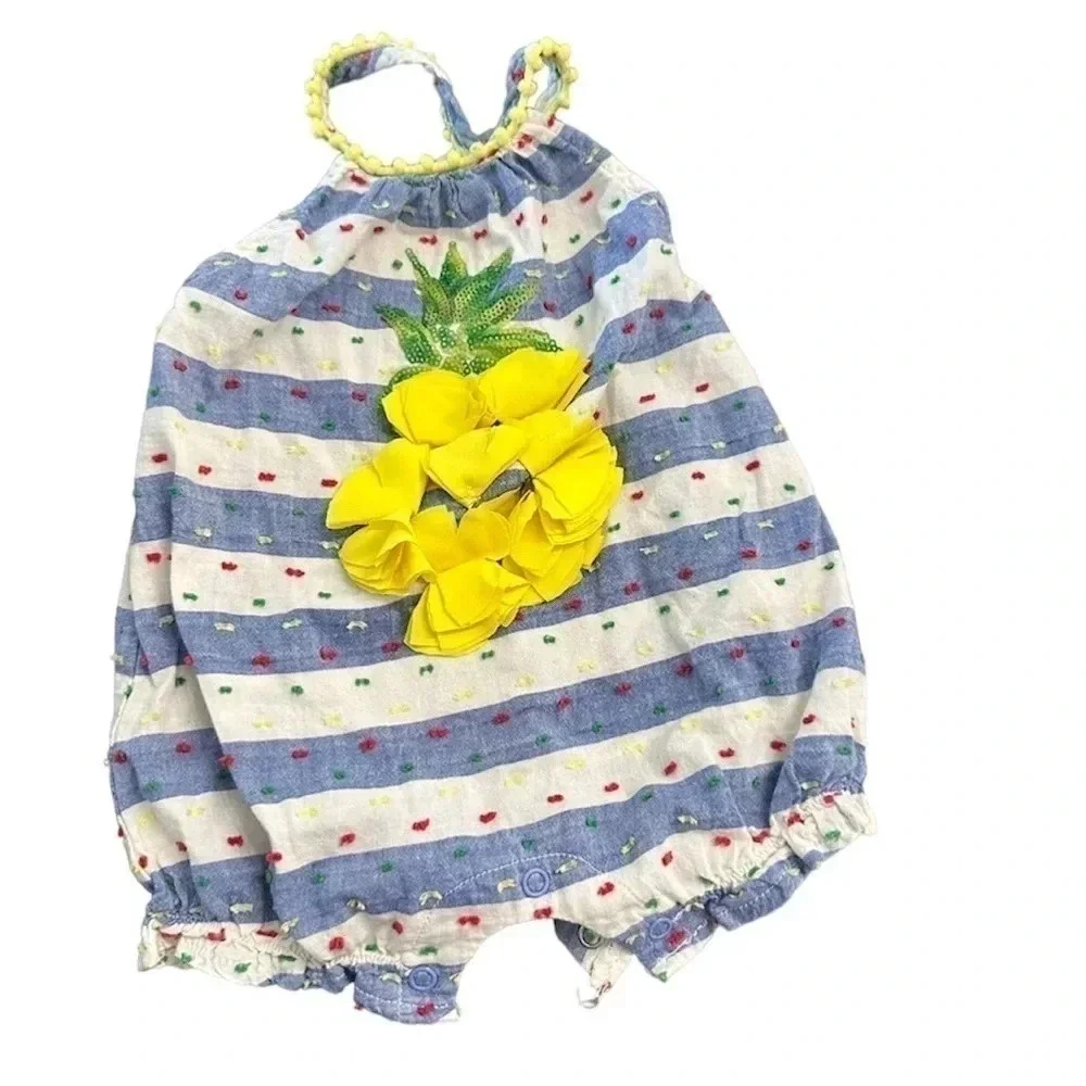 Mud Pie Boutique Pineapple Striped Romper with Sequins Size 3-6M GUC